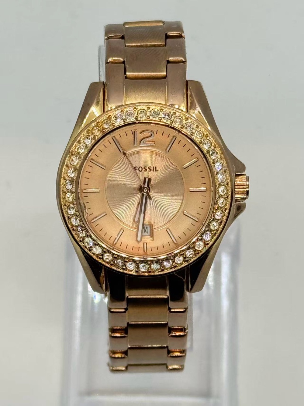 Fossil Women’s Watch Rose Gold Tone Crystal Bezel Date 30mm New Battery Runs